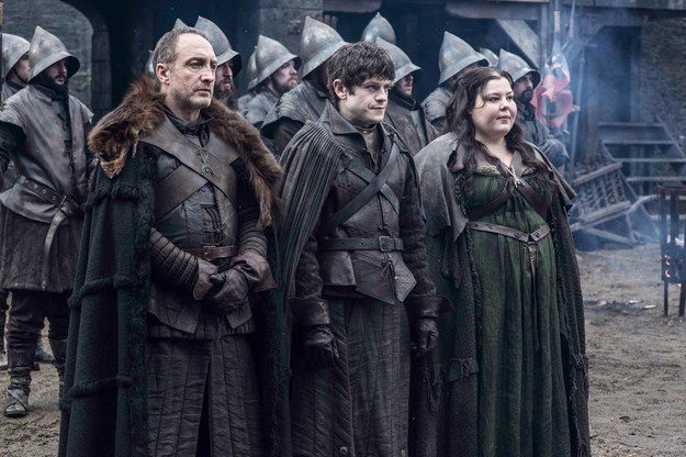Michael-McElhatton-as-Roose-Bolton-Iwan-Rheon-as-Ramsay-Bolton-and-Elizabeth-Webster-as-Walda-Frey-in-Game-of-Thrones-S5